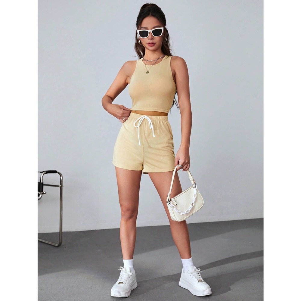 black two piece set: Crop Tank Top & Knot Front Shorts athleisure - Picture 6 of 11